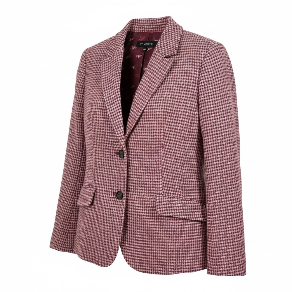 Talbots Blazer Jacket Sz 10 Pink Houndstooth Wool Blend Equestrian Academia